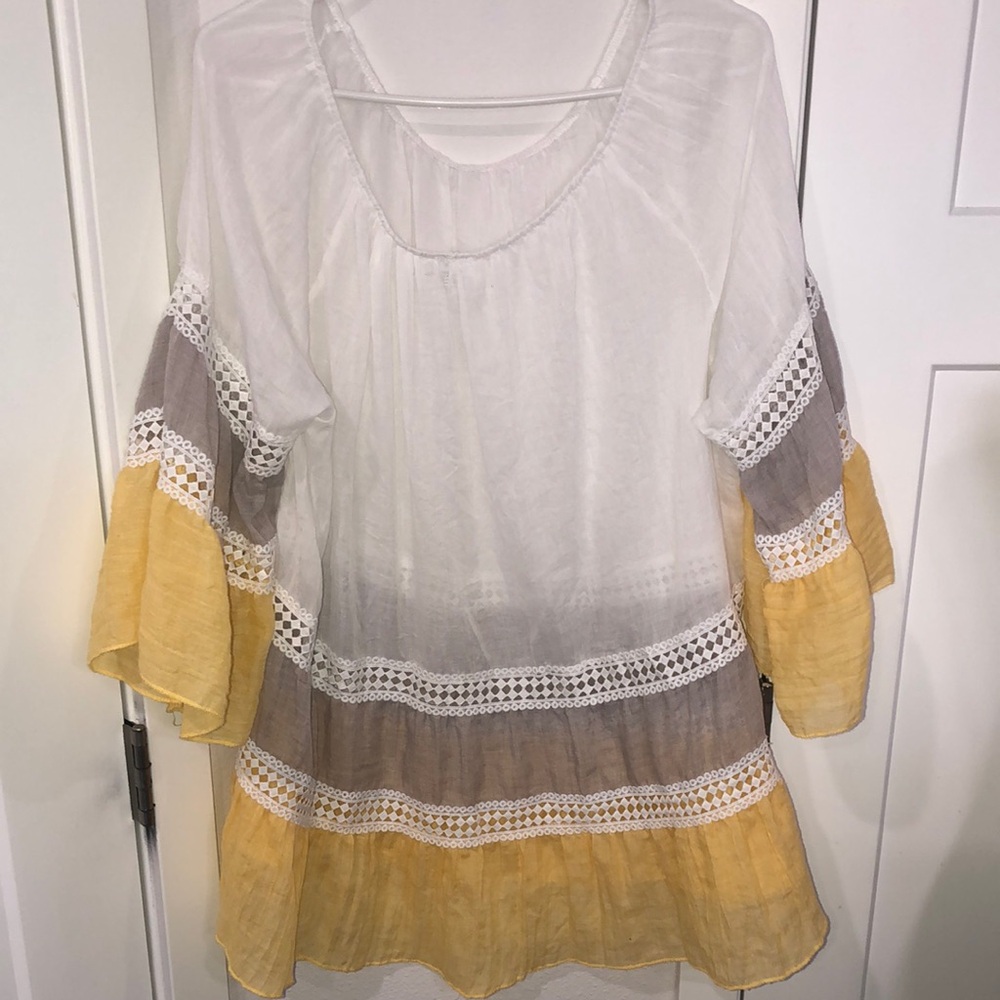 Kaktus Women's White, Gray, and Yellow Top bell sleeve lightweight summer ruffle